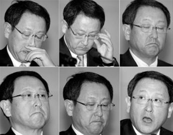 新华社现场图片 丰田汽车公司社长丰田章男在说明会上的表情（拼版照片）